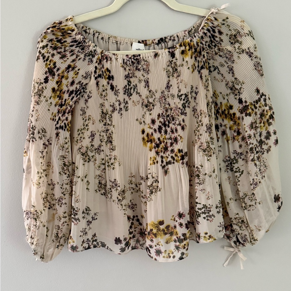 Wilfred Floral Pleated Off-Shoulder Blouse Cream Sheer Silk Trim XXS